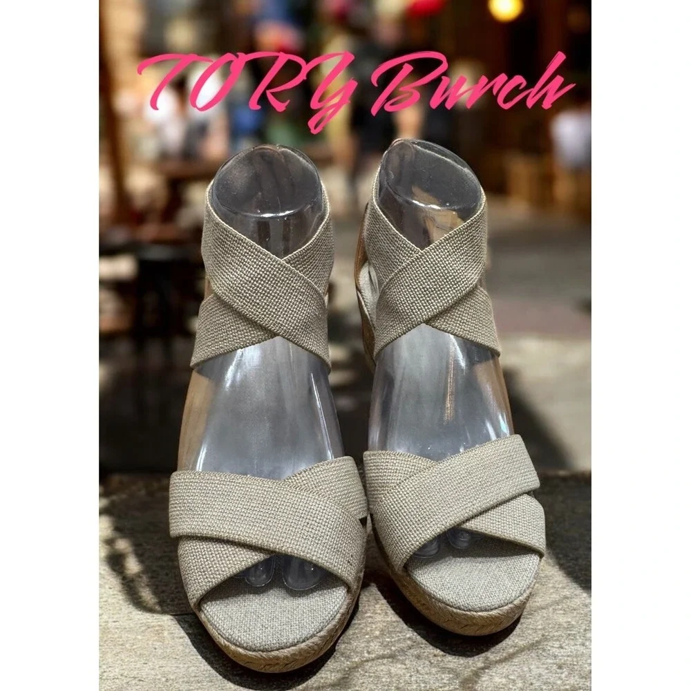 🤑Tory Burch🤎 Espidril Peeptoe Wedge‎ Platform. Strappy Sandals Size 7$150